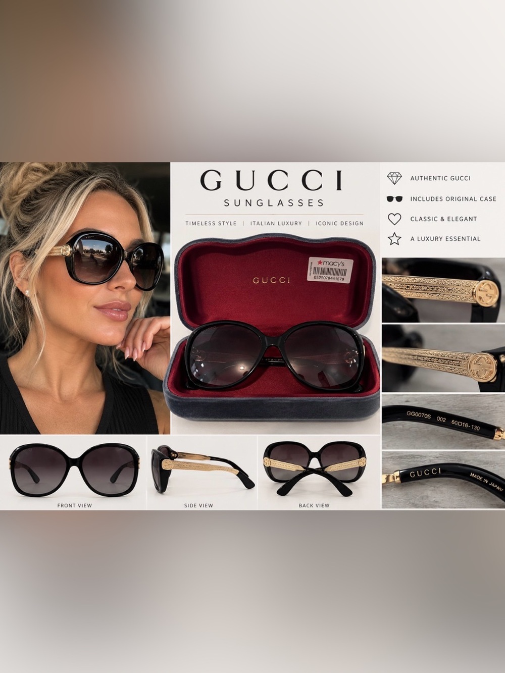 Gucci GG0070S 002 Oversized Black & Gold Sunglasses 60mm Made in Japan + Case